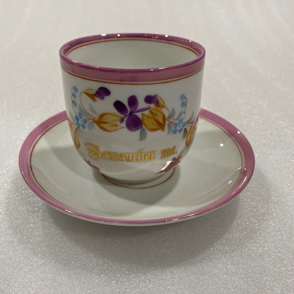 German Antique “Remember Me”Teacup and Saucer Pink Banded Hand Painted Beauty - Picture 2 of 13
